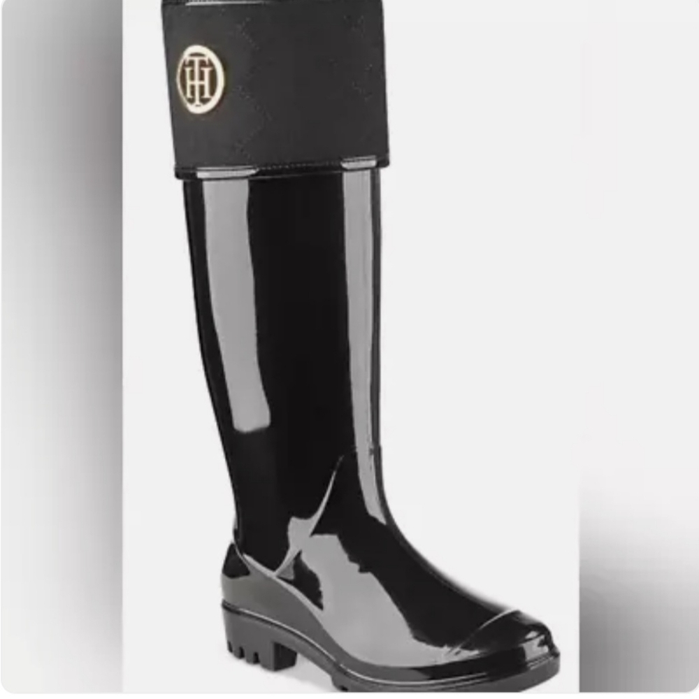 Tommy Hilfiger Shiner Black Tall Rain Boot Size 7M.